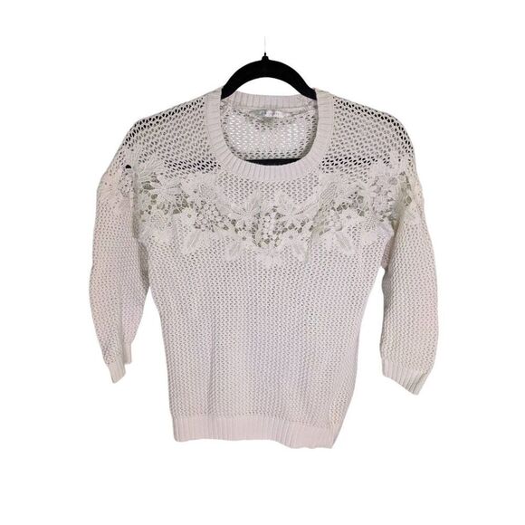LC Lauren Conrad LACE PIECED OPEN STITCH SWEATER, Floral Lace Inset Ivory Women' - Picture 1 of 4